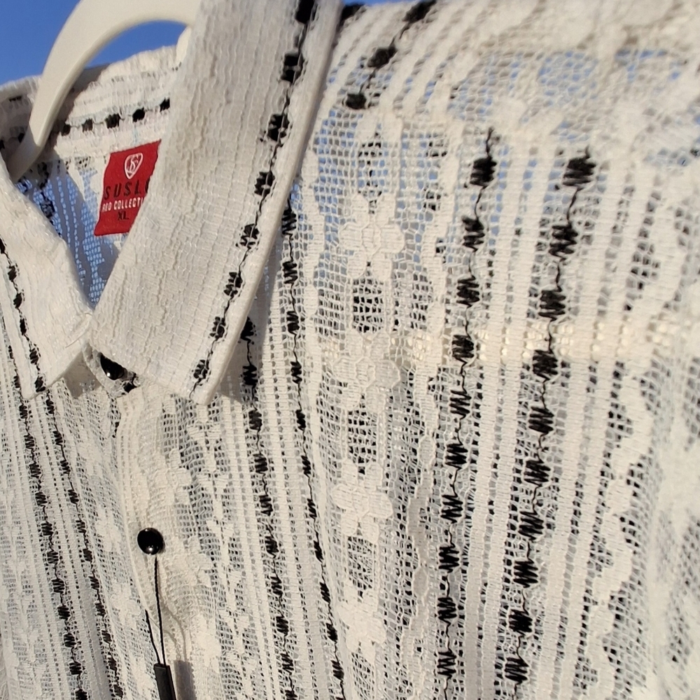 Suslo Collection Sexy Sheer White Floral Lace Button Sleeved Shirt Men Size XL - Picture 8 of 16